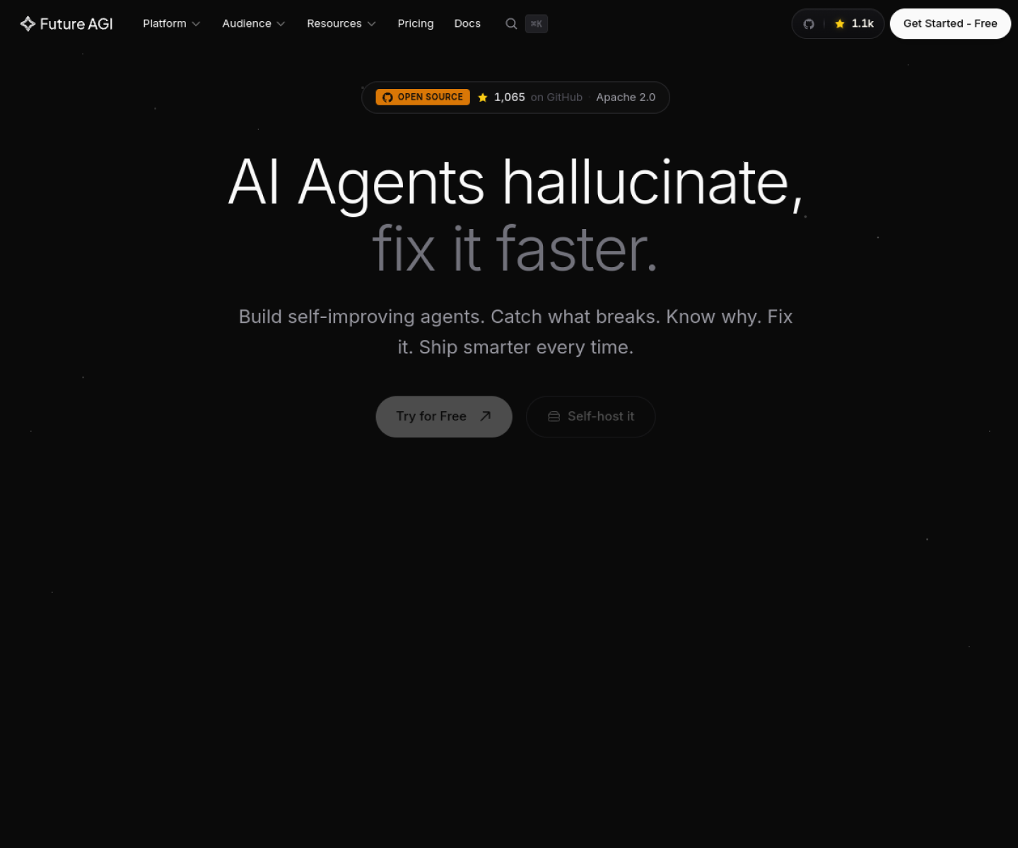 Future AGI homepage with modules for simulations, agents, evaluation, optimization, and monitoring.