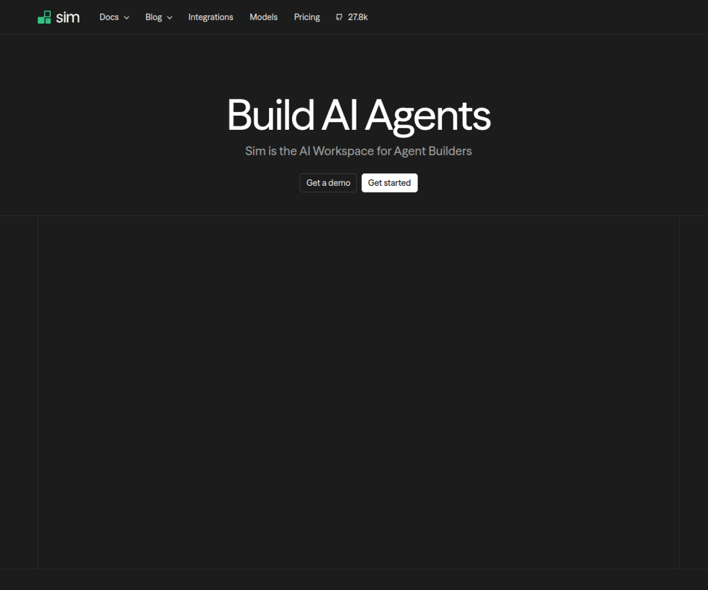 Sim homepage showing its workflow-builder positioning, pricing plans, and broad integrations for AI agent workflows.