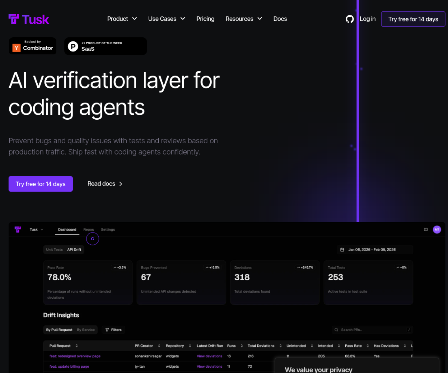 Tusk homepage describing AI-generated tests from production traffic, local CLI setup, and CI-focused regression workflows.