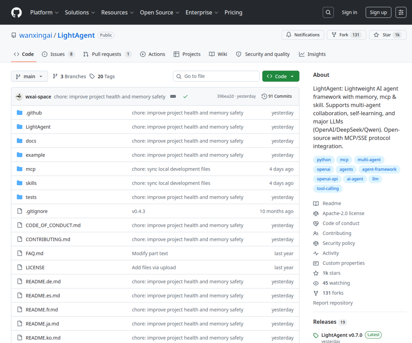 LightAgent GitHub repository page showing its lightweight agent framework, memory, MCP, and skills focus.