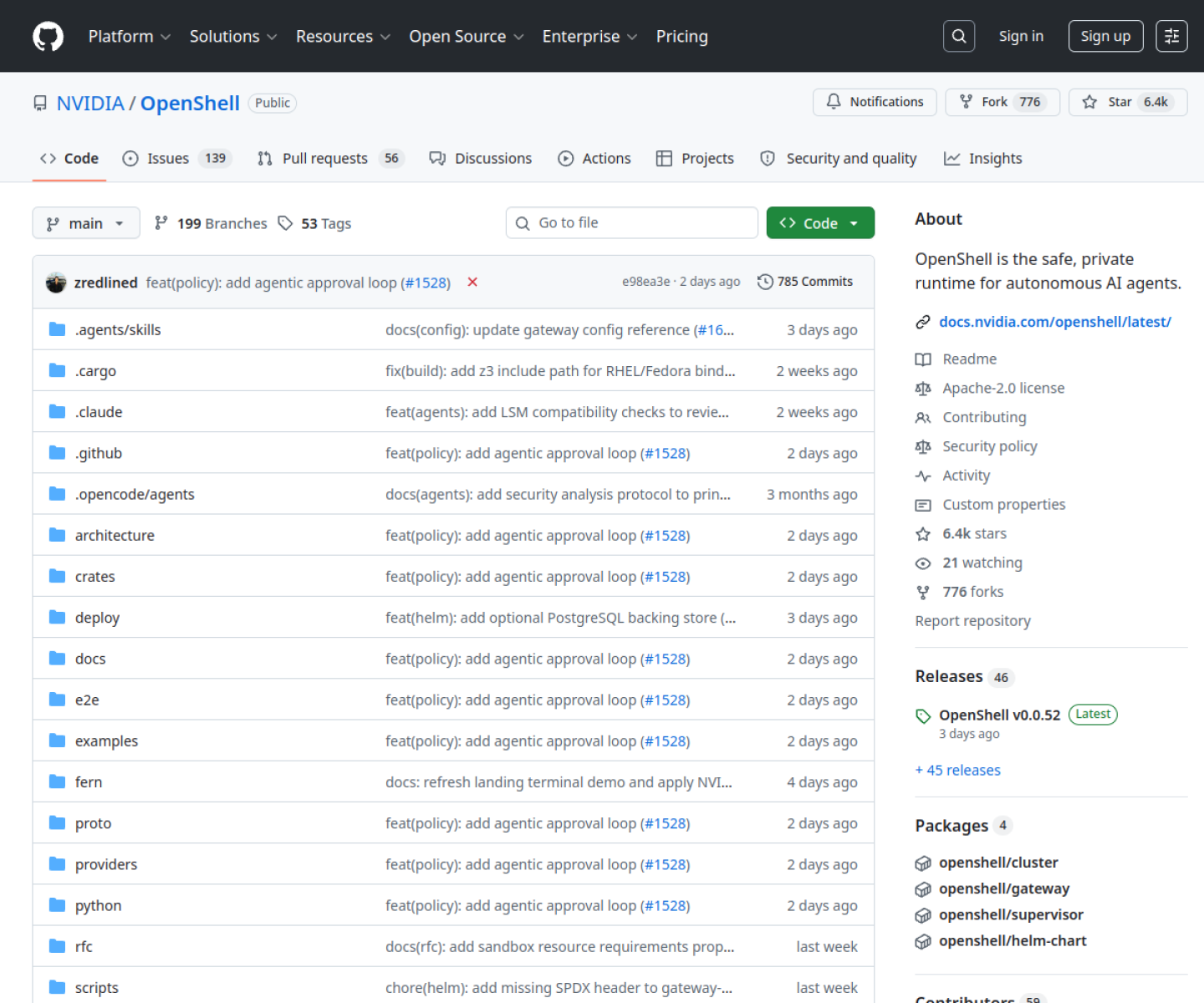 NVIDIA OpenShell GitHub repository page describing its secure runtime for autonomous AI agents.