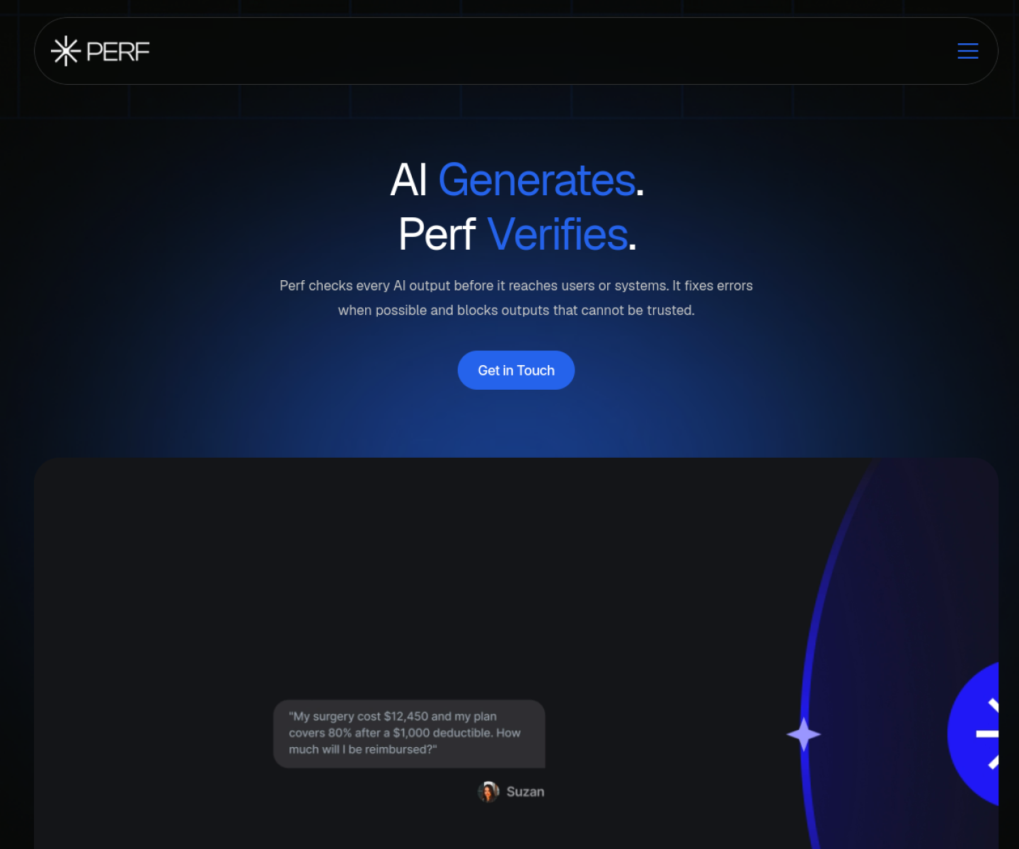 Perf homepage showing its AI correction layer for verifying and fixing outputs before users see them.