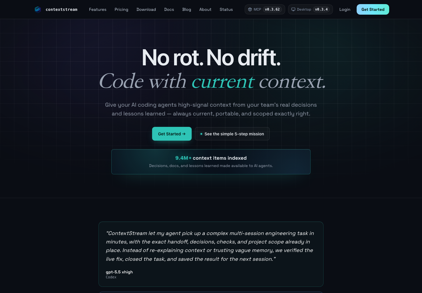 ContextStream homepage showing its persistent memory and MCP workflow for AI coding tools.
