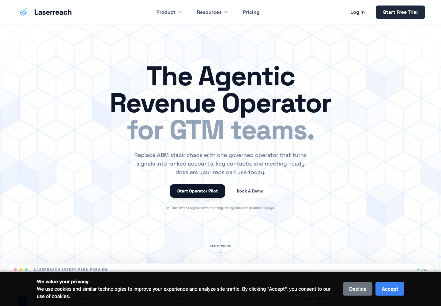 Laserreach homepage showing its revenue intelligence and governed GTM execution workflow.