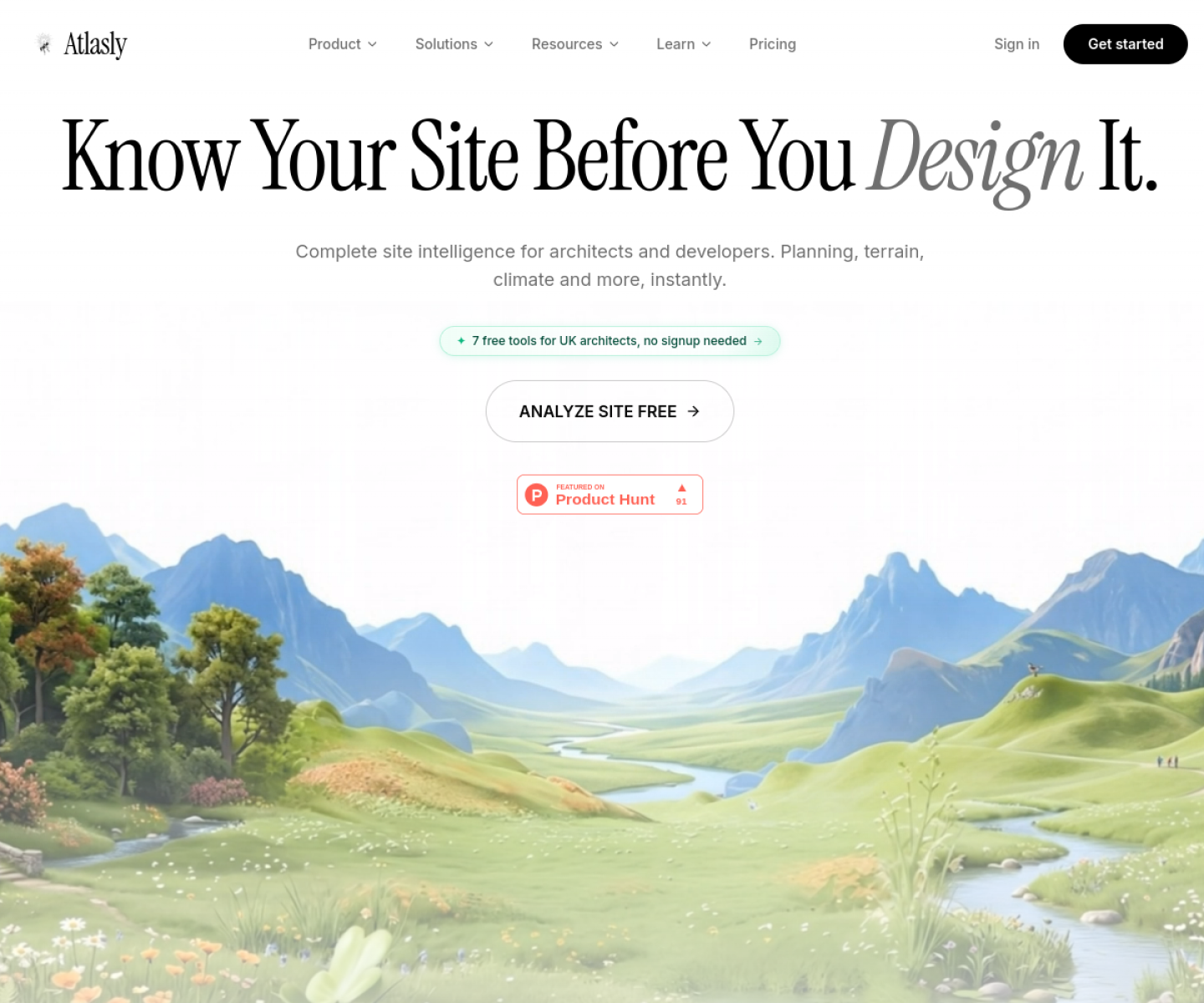 Atlasly homepage showing its AI site analysis workflow for architects and developers.