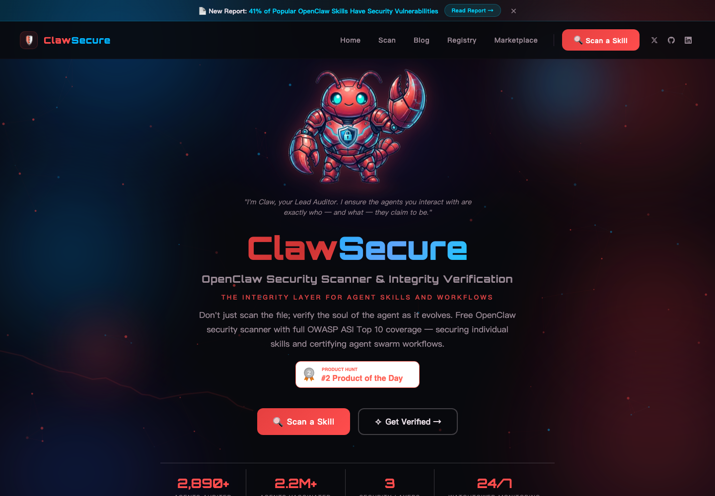 ClawSecure homepage showing its OpenClaw skill scanner and agent integrity verification product.