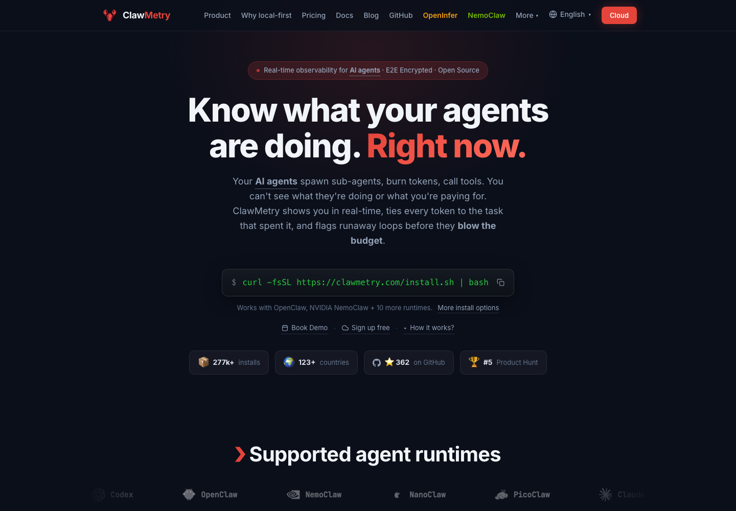 ClawMetry homepage showing its observability dashboard for AI agent activity and cost tracking.