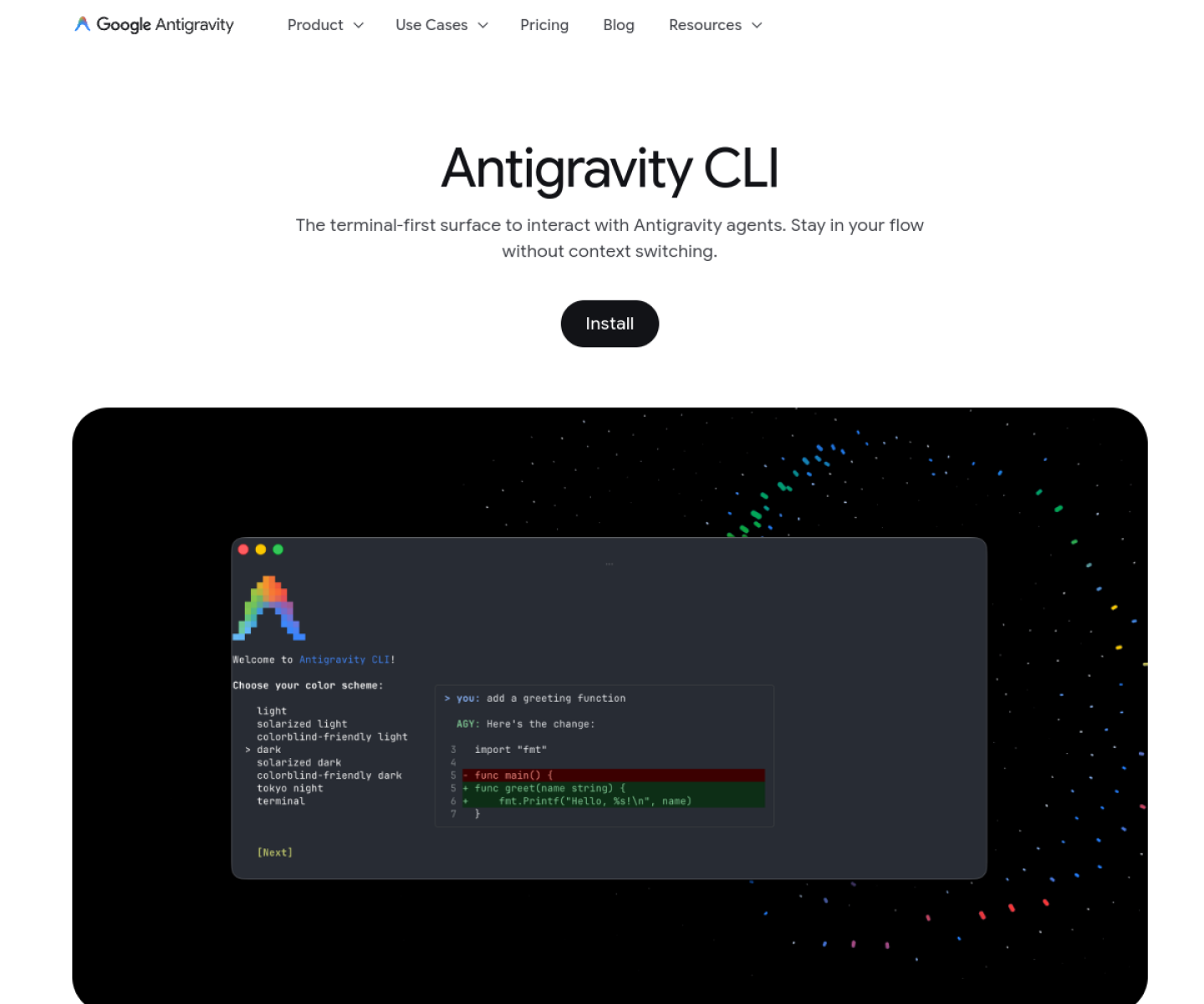 Antigravity CLI product page showing the terminal interface, subagent controls, and configuration features.