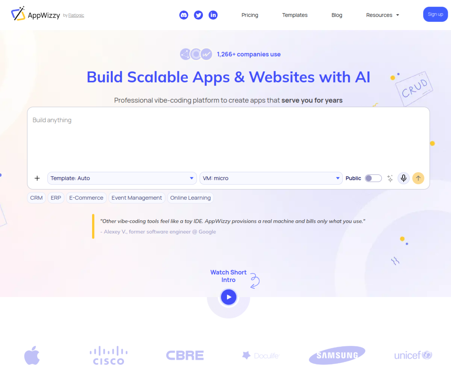AppWizzy homepage showing AI app generation, template selection, and deployment workflow.
