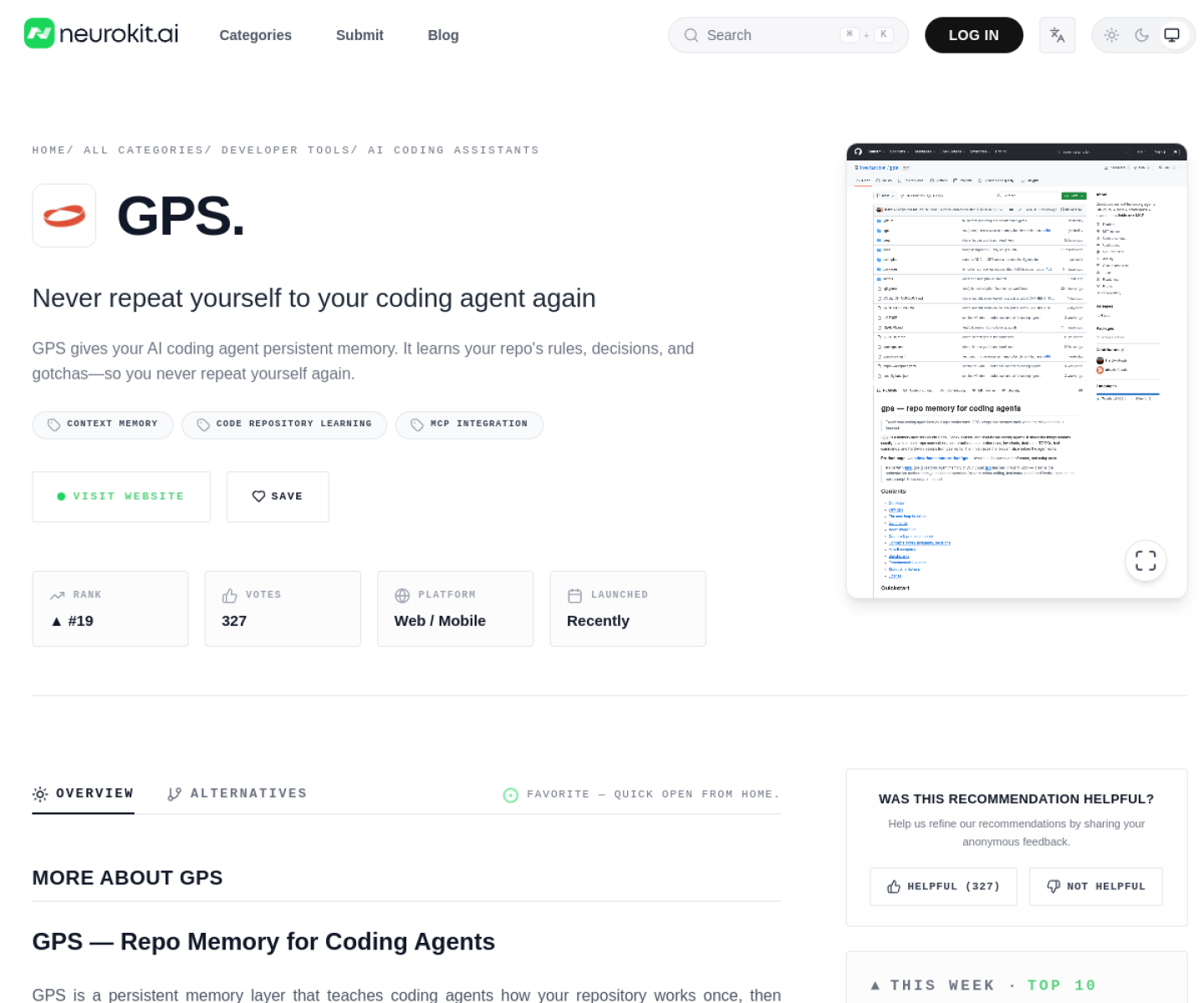 GPS product page showing its repo-memory workflow for coding agents and anchored lessons.