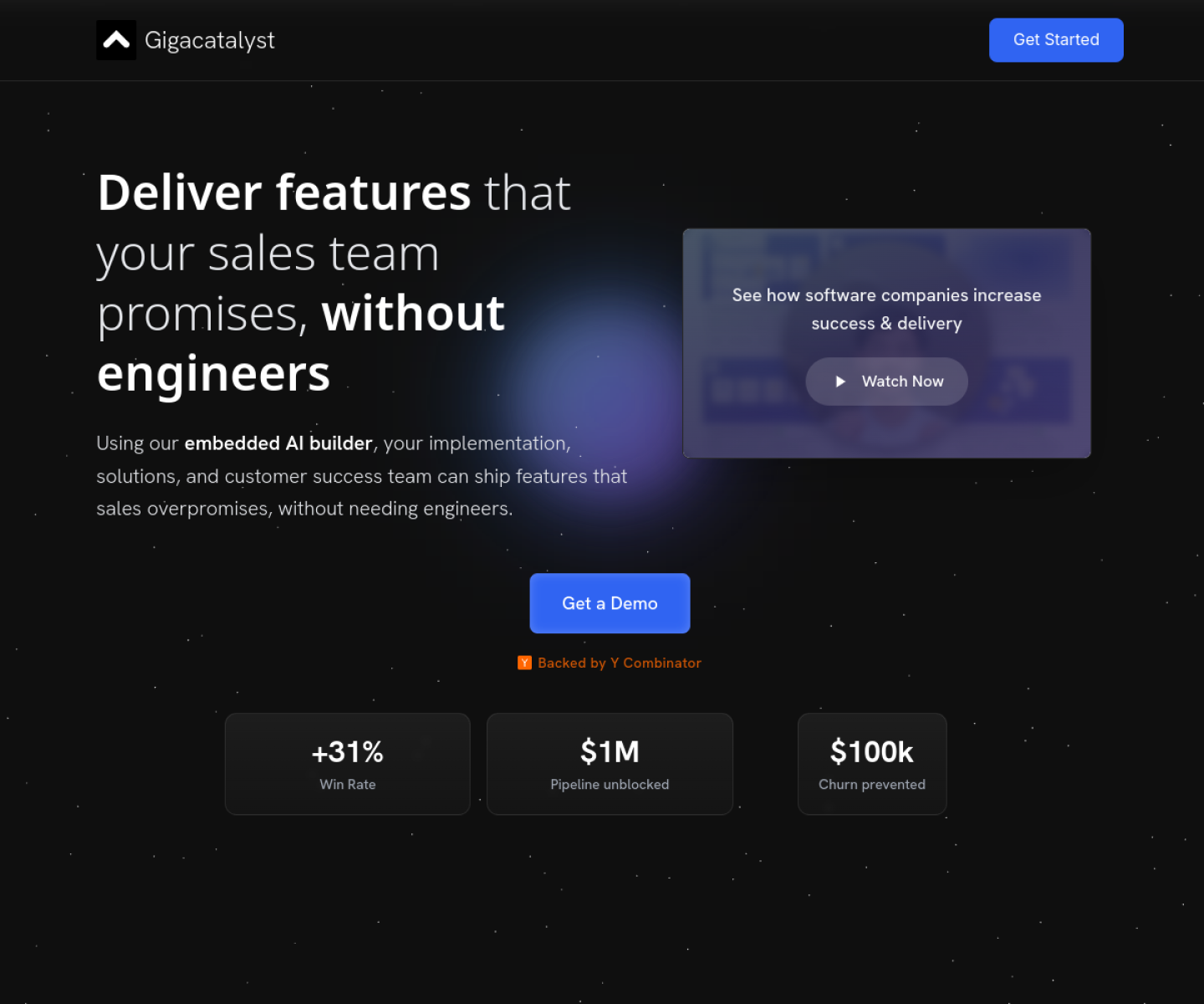 Gigacatalyst homepage showing its AI builder for customer workflows and SaaS teams.