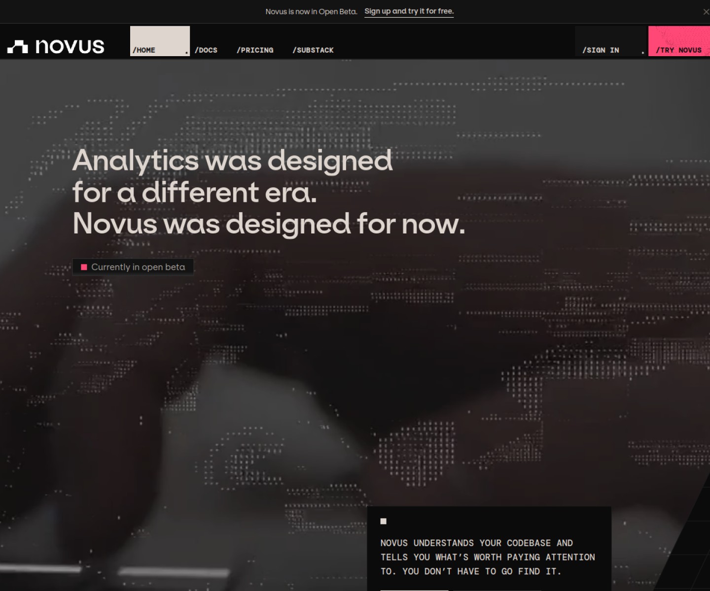 Novus homepage showing its product-agent positioning, codebase connection, and issue-detection workflow.