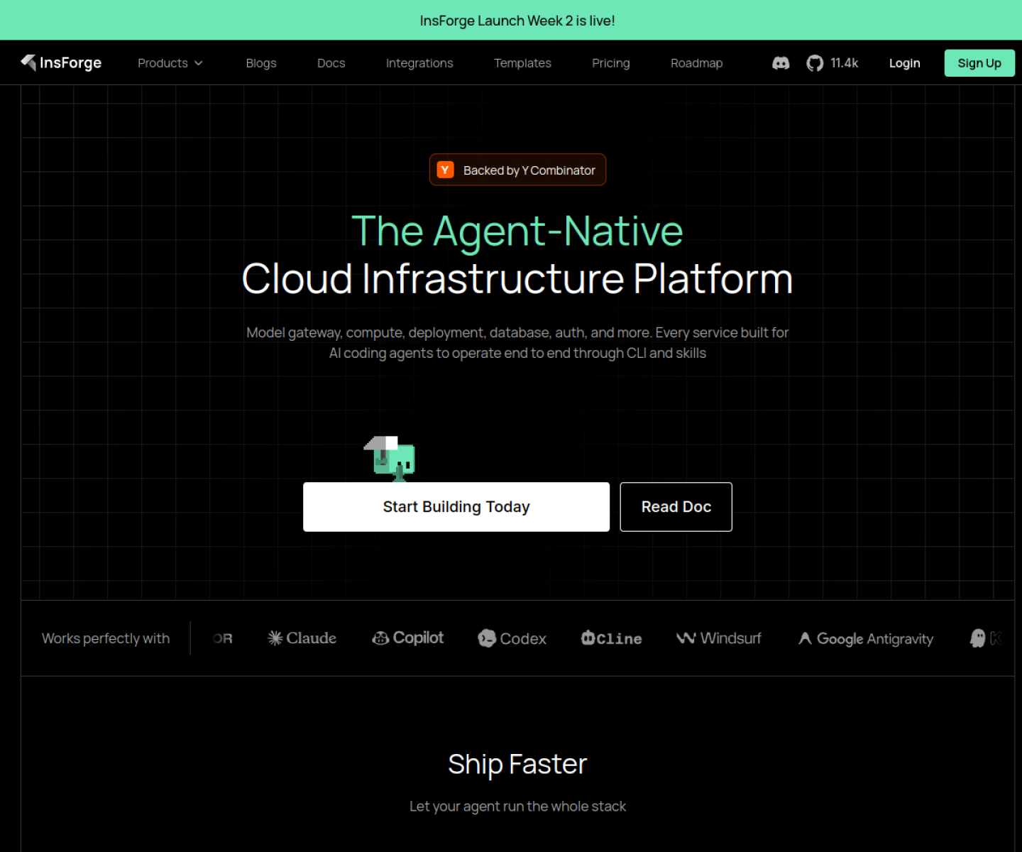 InsForge homepage showing its agent-native backend platform and MCP-driven developer workflow.