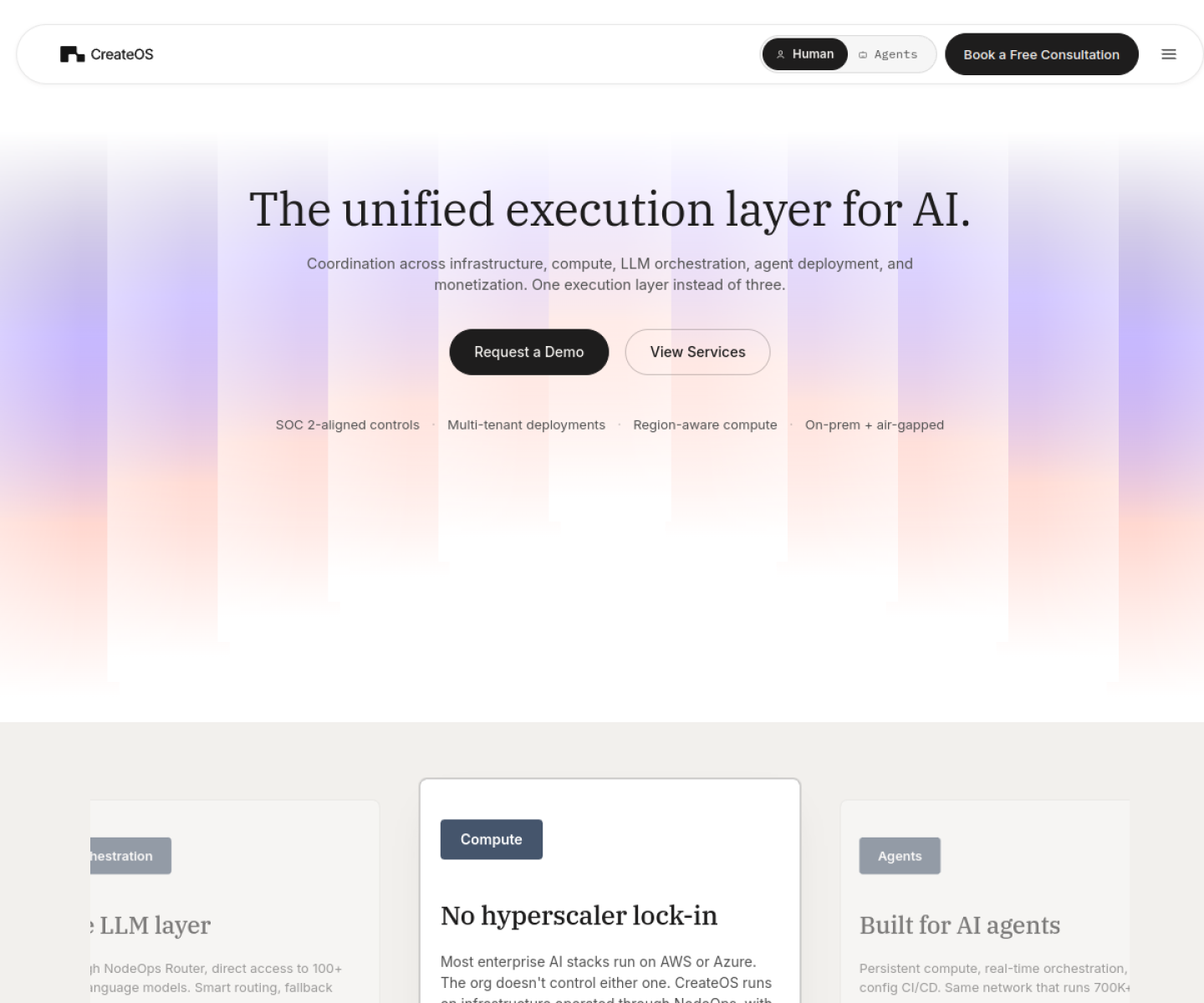 CreateOS homepage showing its AI execution stack across compute, agents, orchestration, and monetization.