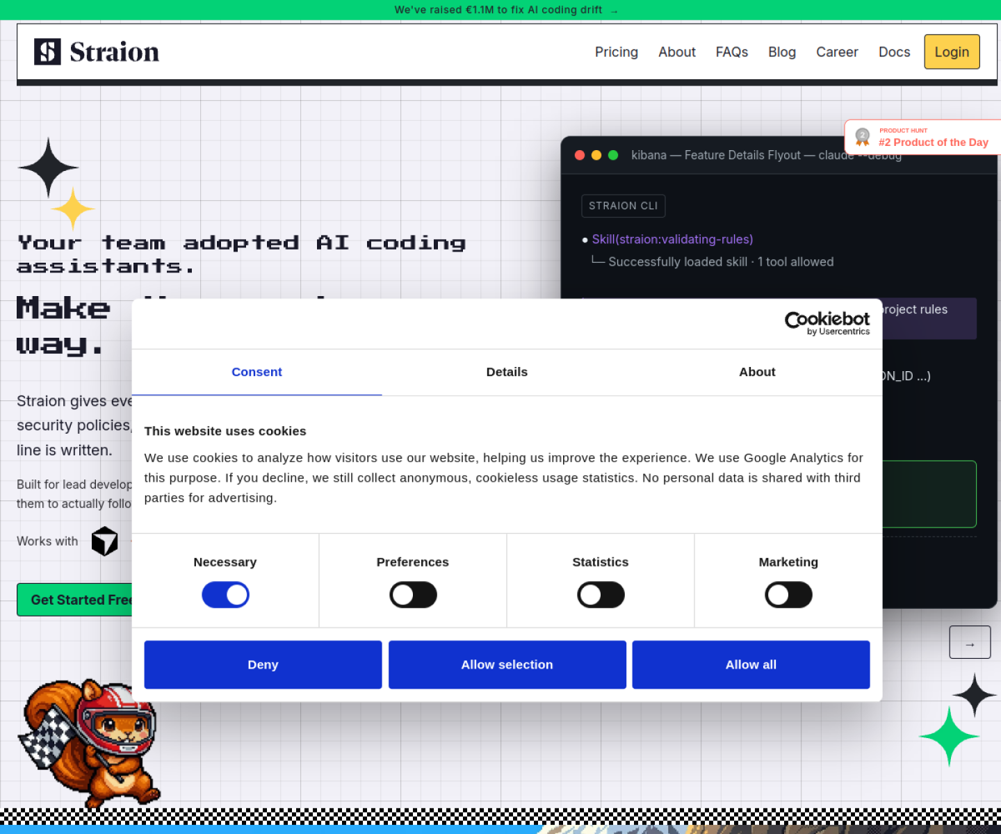 Straion homepage showing rule management and validation for AI coding agents.