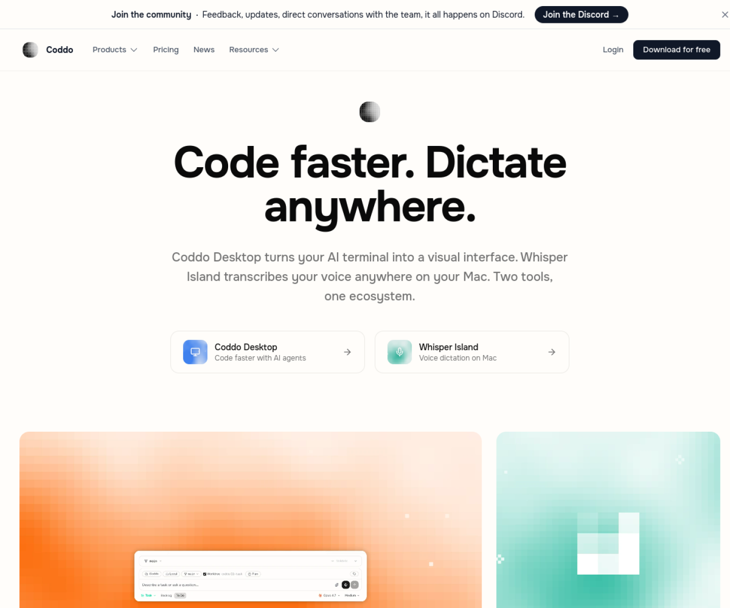 Coddo homepage showing its desktop interface for AI coding workflows.