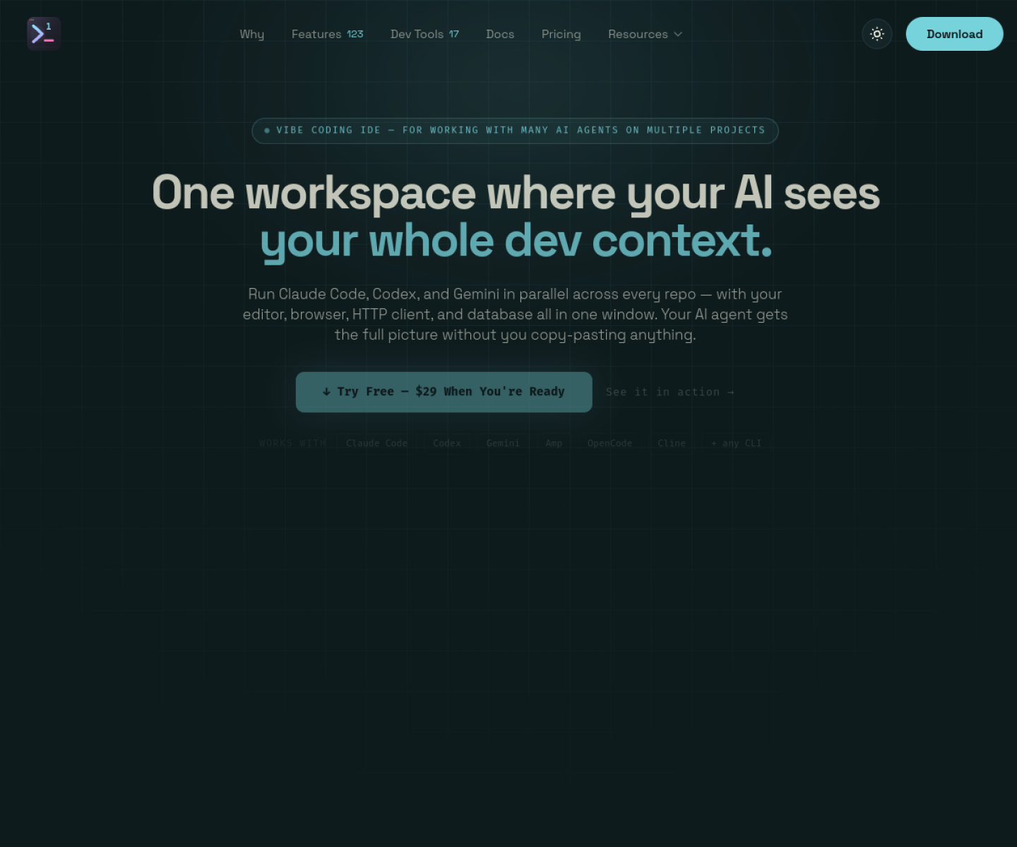 1DevTool homepage showing a multi-panel workspace for AI coding agents across projects.