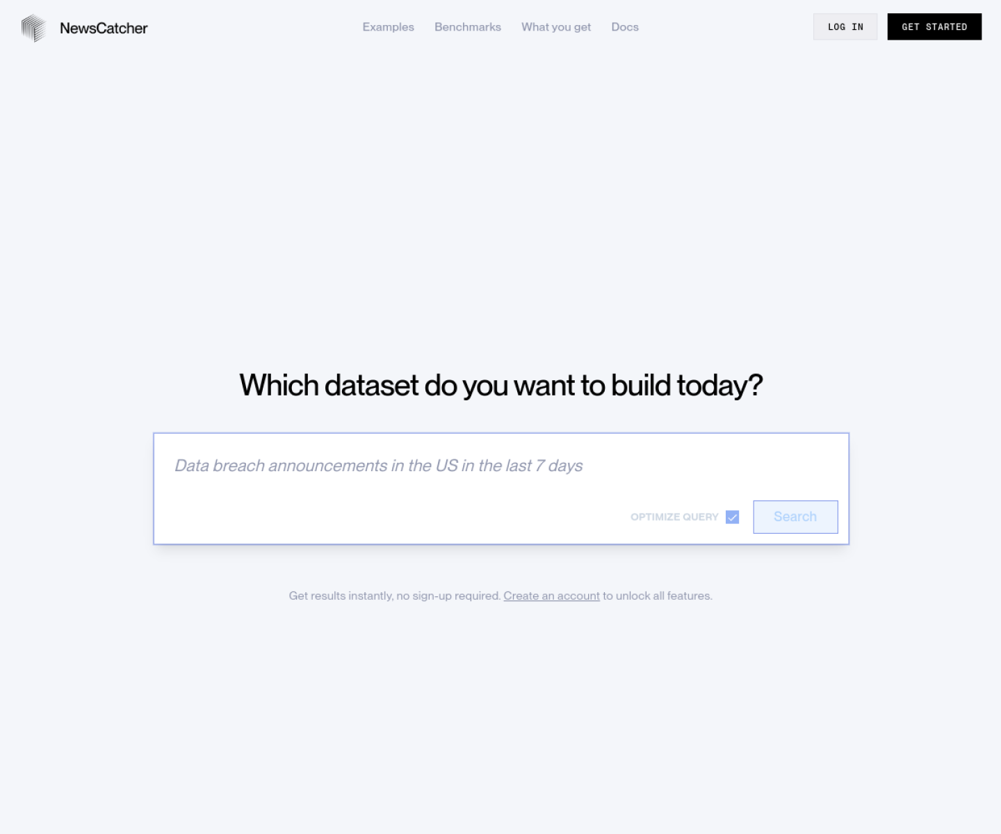 CatchAll product page showing a structured web-search and dataset-building workflow.
