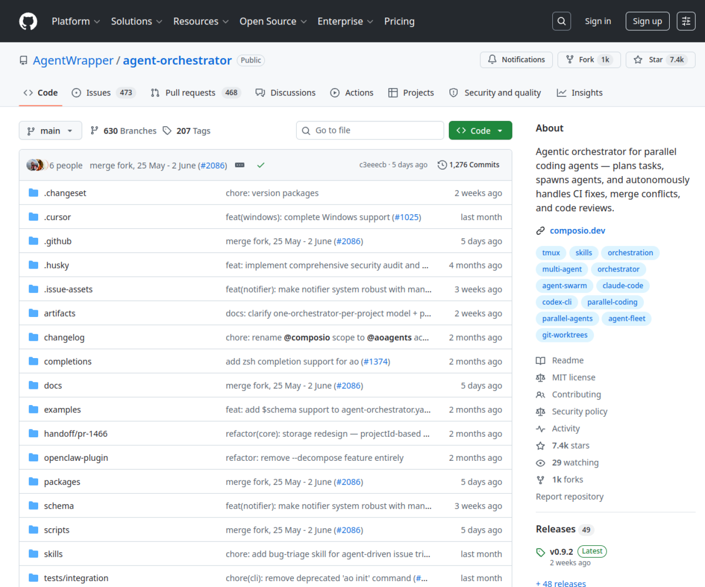 Agent Orchestrator GitHub repository showing its dashboard and multi-agent workflow documentation.