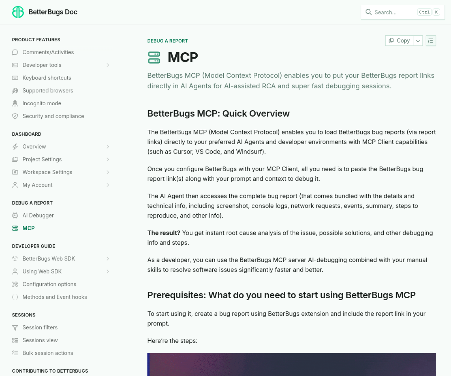 BetterBugs MCP documentation showing how bug reports are loaded into AI developer tools for debugging.