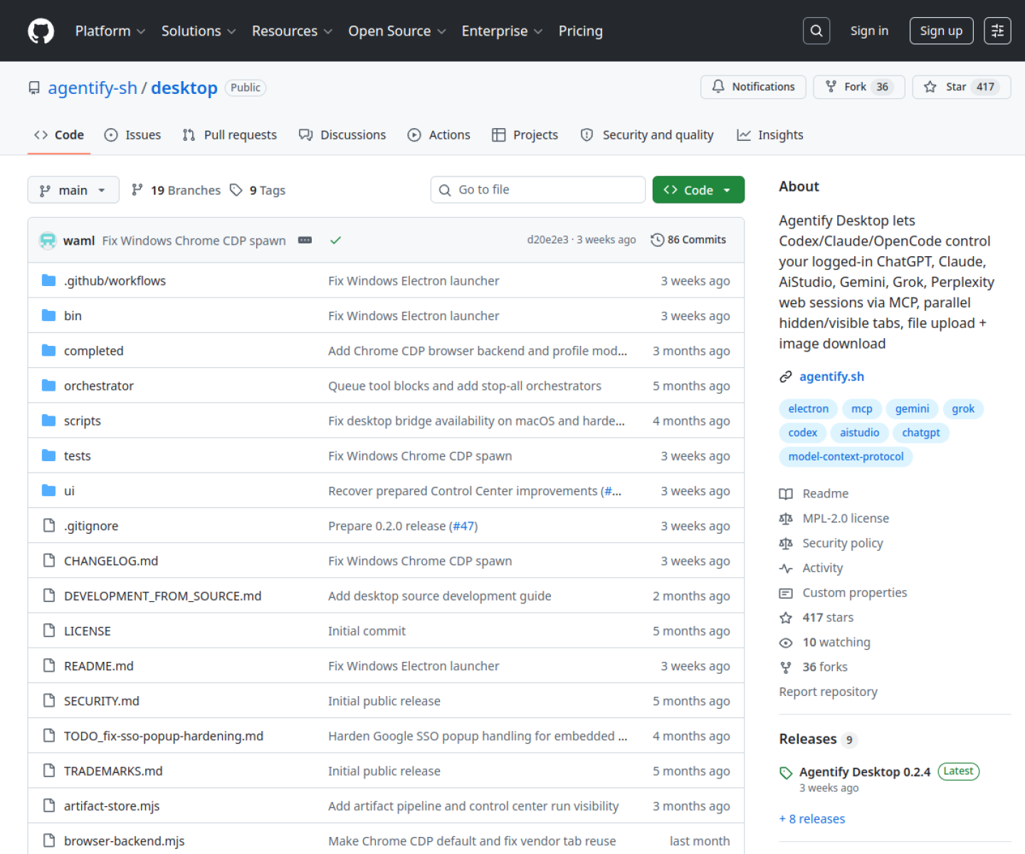 Agentify Desktop GitHub page showing its MCP-based control of logged-in web AI sessions.