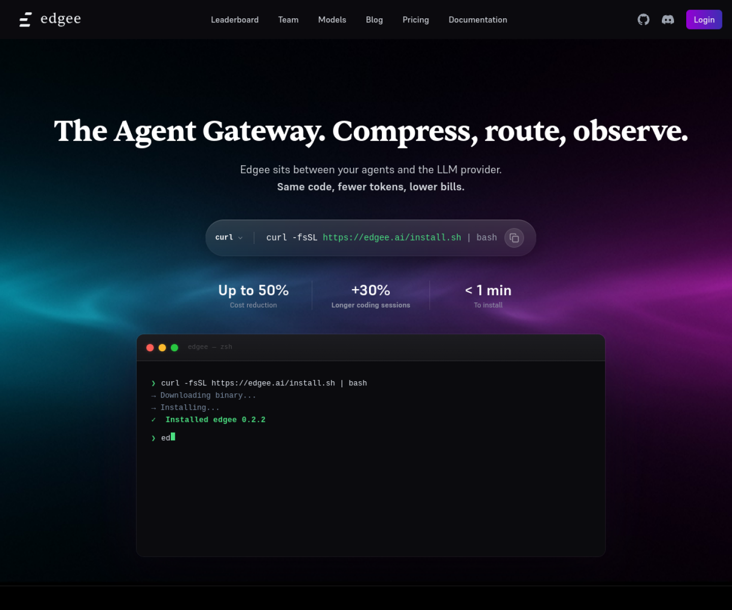 Edgee homepage showing token compression, routing, and observability for coding agents.
