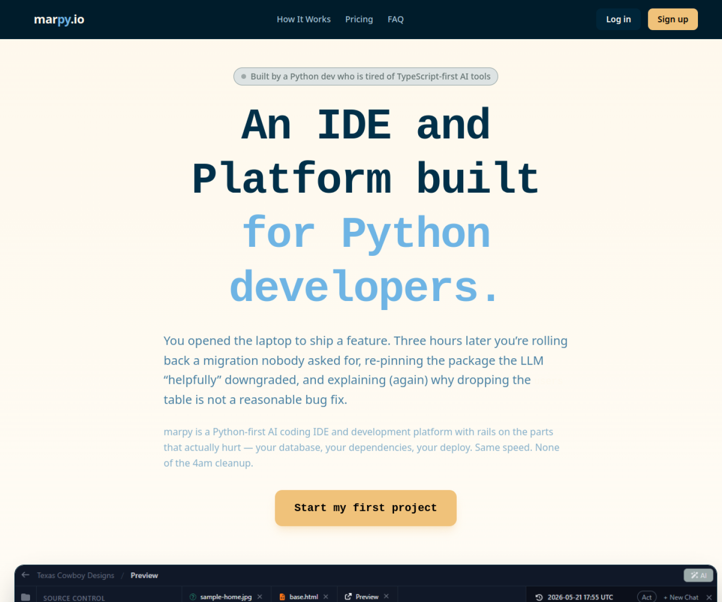 marpy homepage showing its Python-first browser IDE and managed deployment platform.