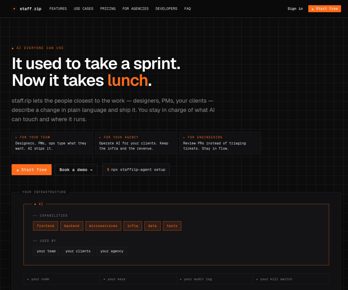 staff.rip homepage showing a chat-first interface for shipping software changes with controlled AI agents.