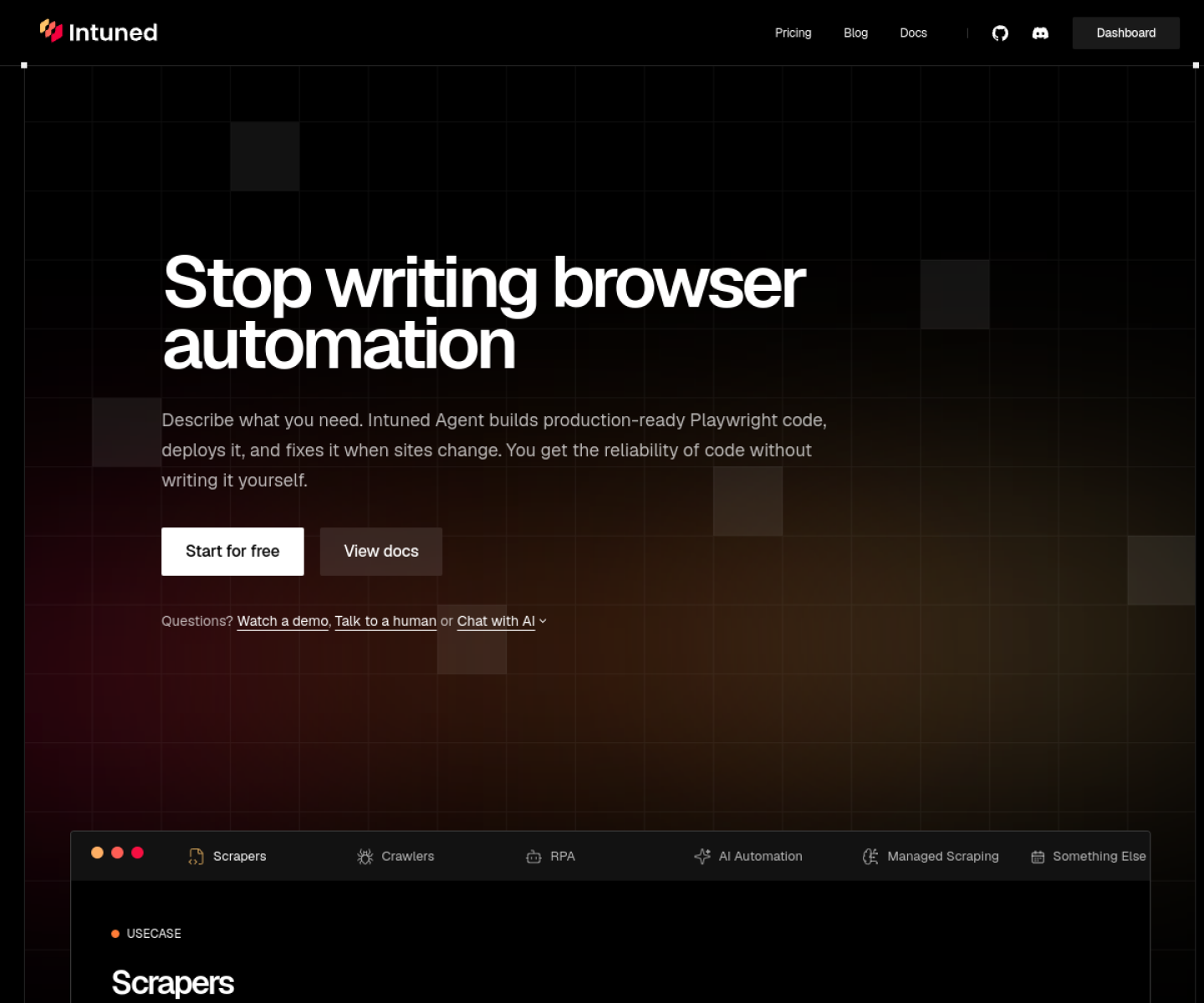 Intuned homepage showing AI-powered browser automation and code-first web agent tooling.