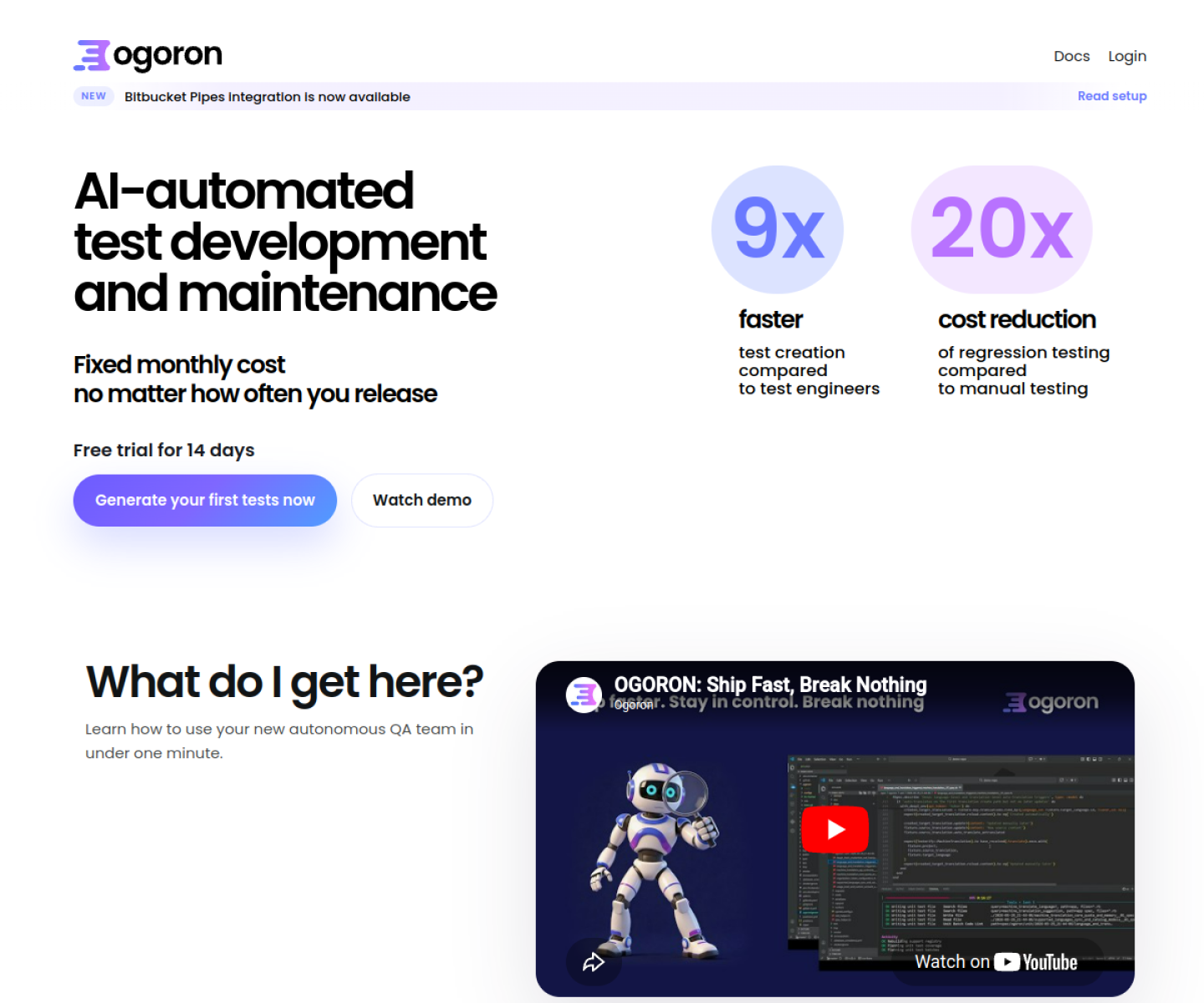 Ogoron homepage showing autonomous QA and AI-automated test development for developers.