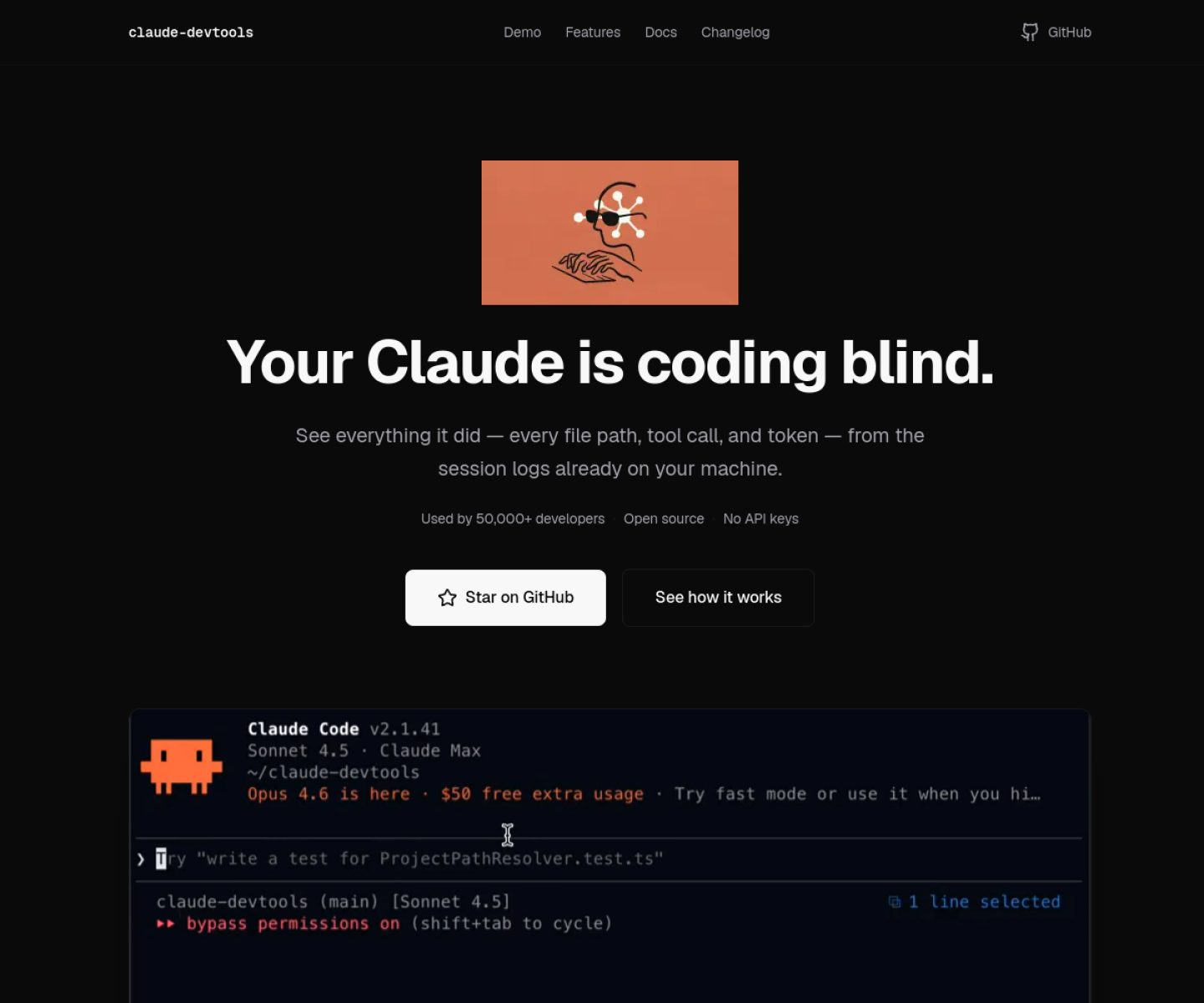 claude-devtools homepage showing a structured viewer for Claude Code sessions, tool calls, and token usage.