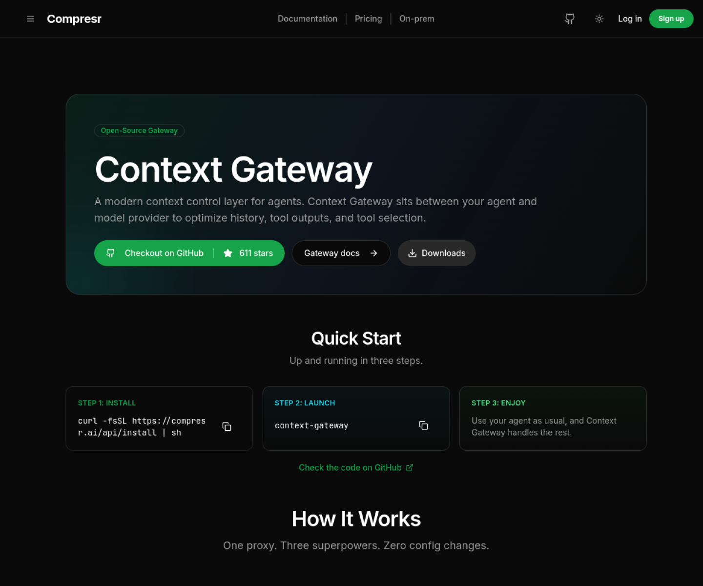 Context Gateway page showing proxy-based history compression, tool output compression, and tool discovery for coding agents.
