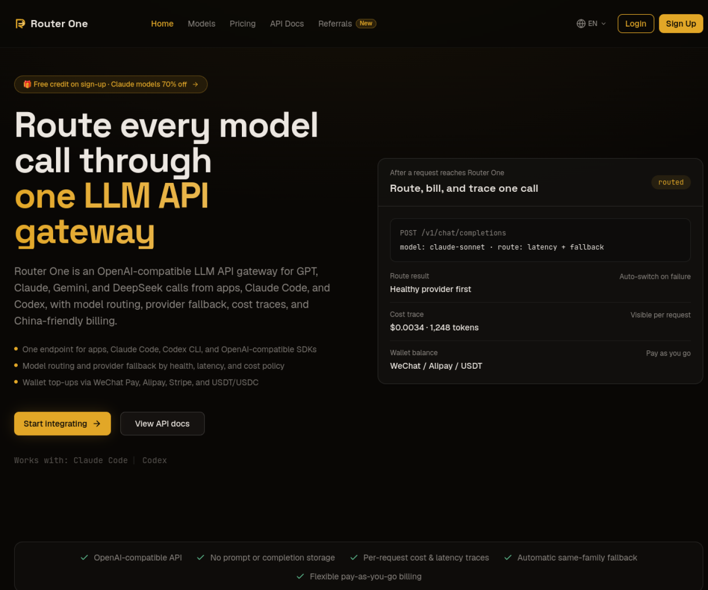Router One homepage showing model routing, cost traces, and unified gateway access for Claude Code and Codex.