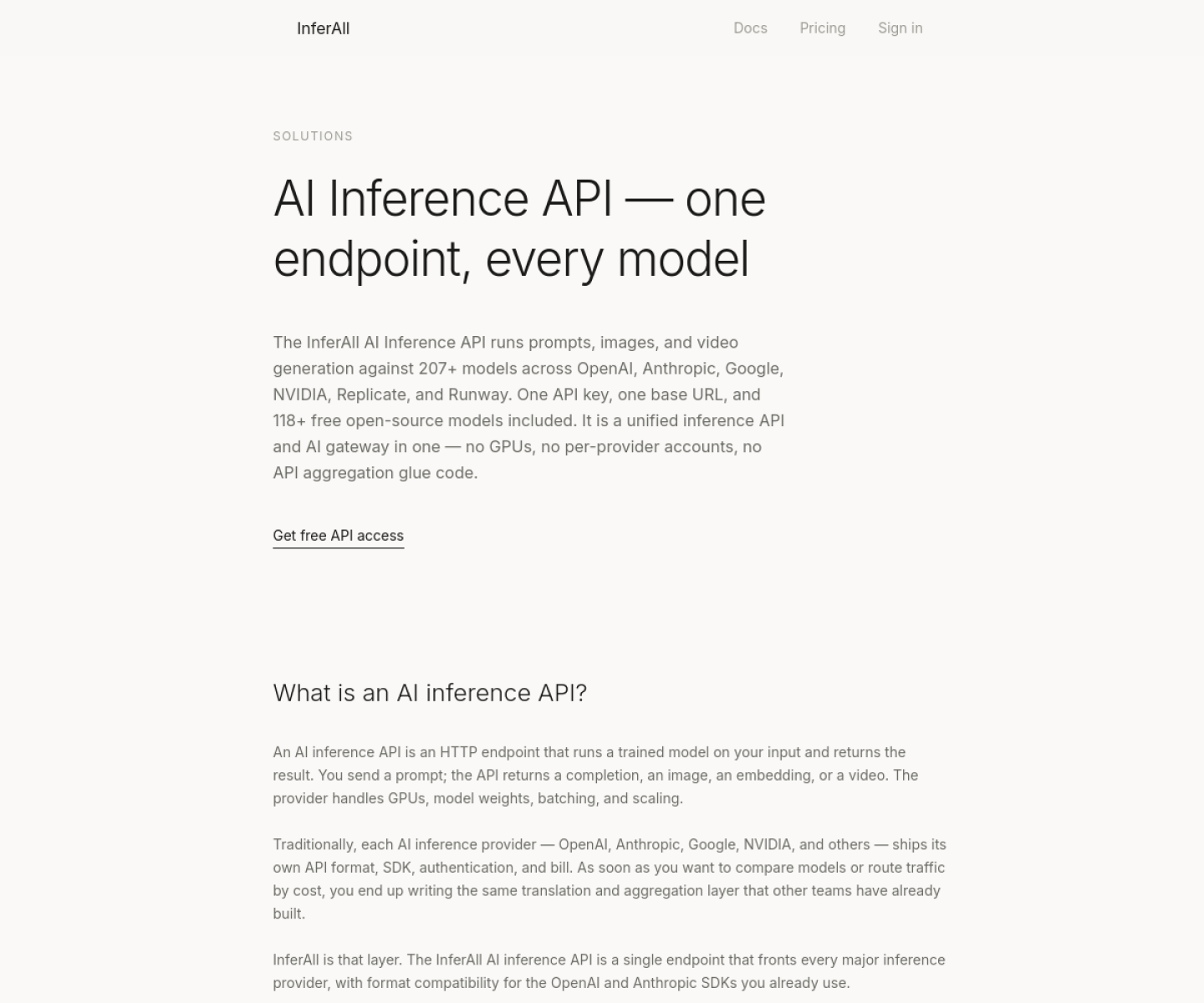 InferAll homepage showing one-key access to many AI model providers with free OSS models and failover.
