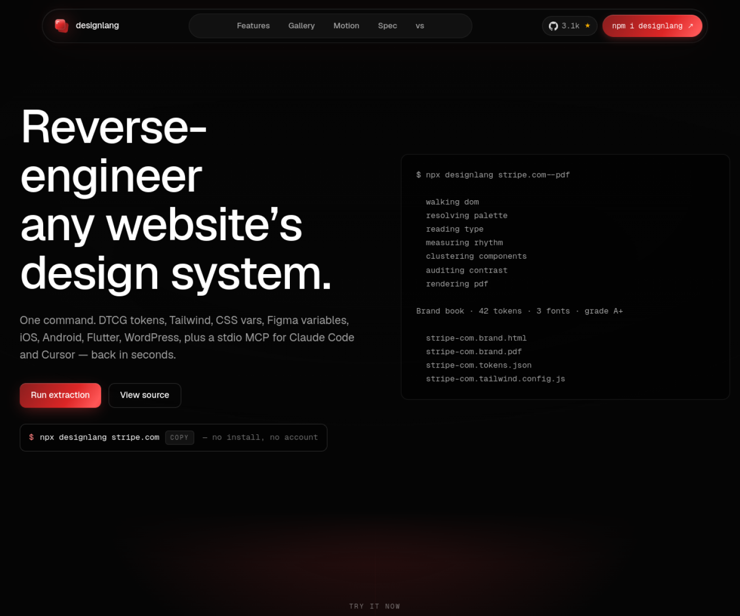 Design Extract website showing website-to-design-system outputs, MCP support, and multi-platform token export.