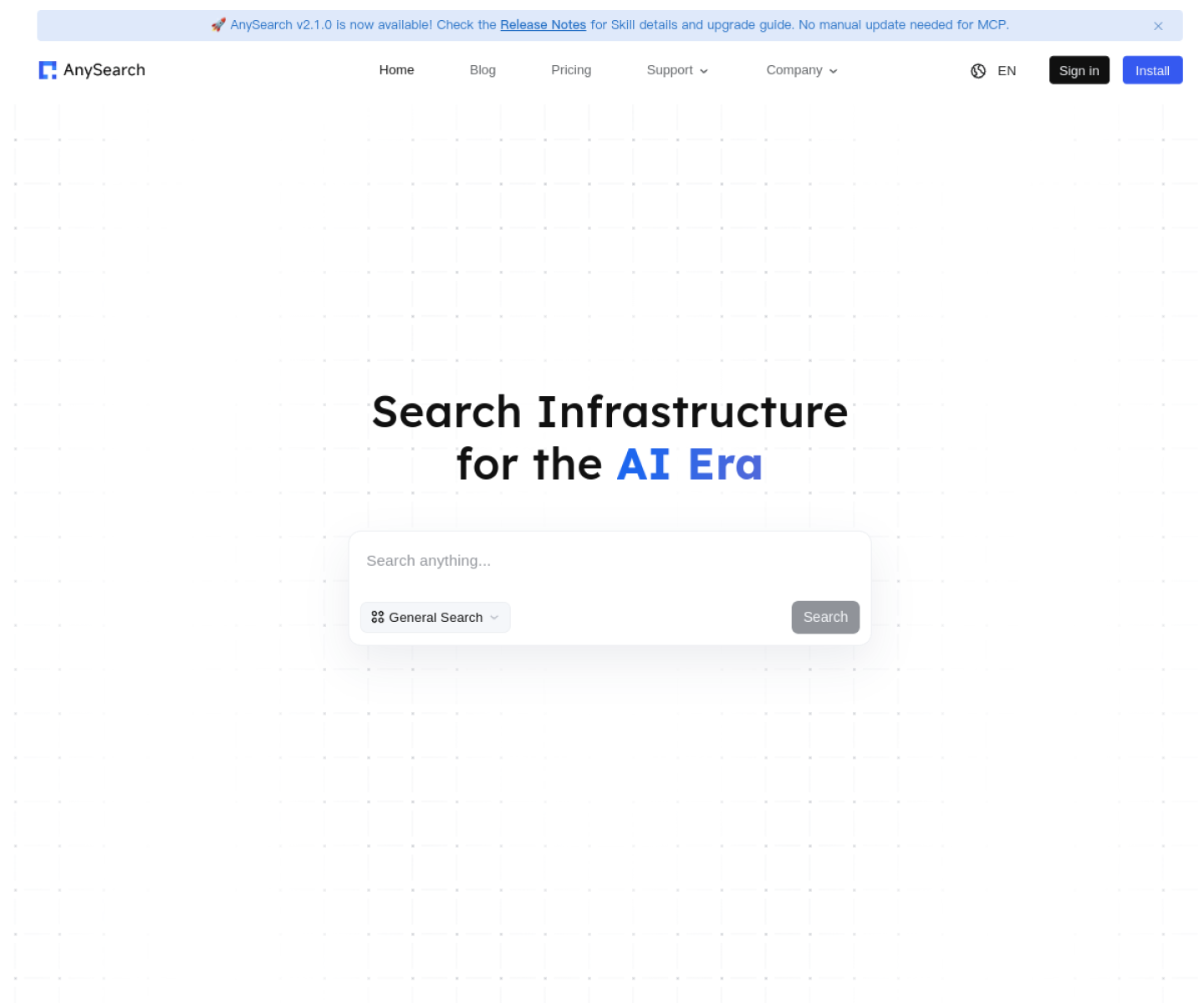 AnySearch website showing its search product and MCP-linked real-time retrieval positioning for AI agents.