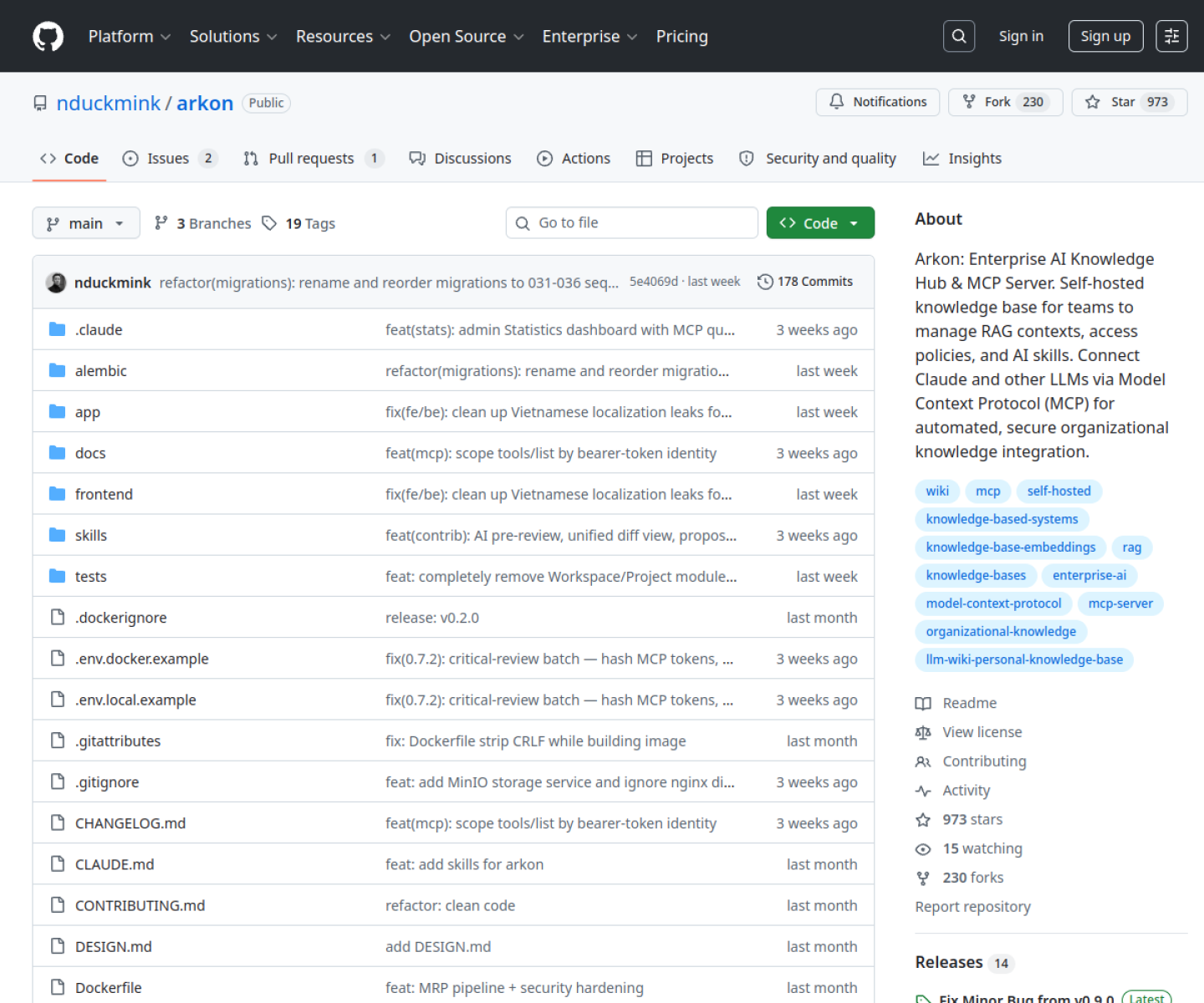 Arkon GitHub repository page showing its self-hosted knowledge hub and MCP server for organizational AI workflows.