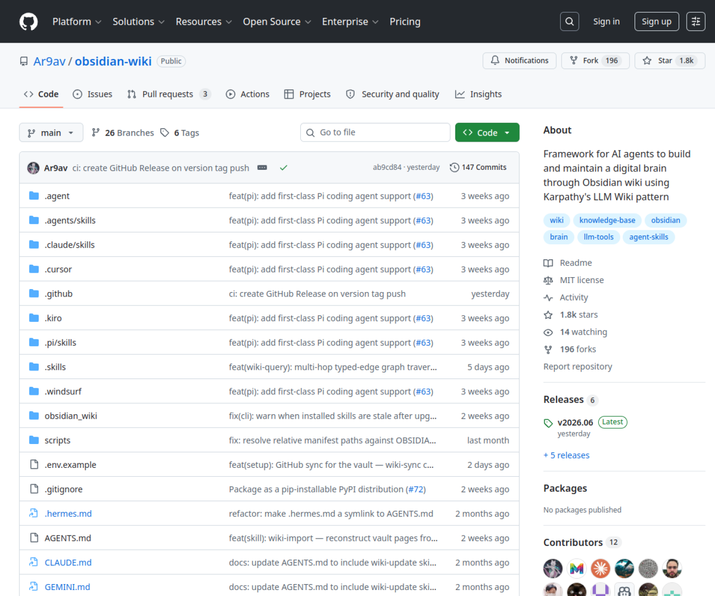 Obsidian Wiki GitHub repository page showing its framework for AI agents to maintain a digital brain in Obsidian.