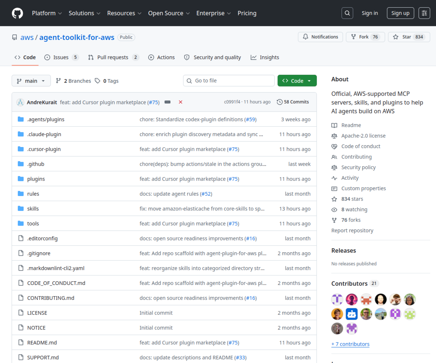AWS Agent Toolkit for AWS GitHub repository page showing official MCP servers, skills, and plugins for AWS workflows.