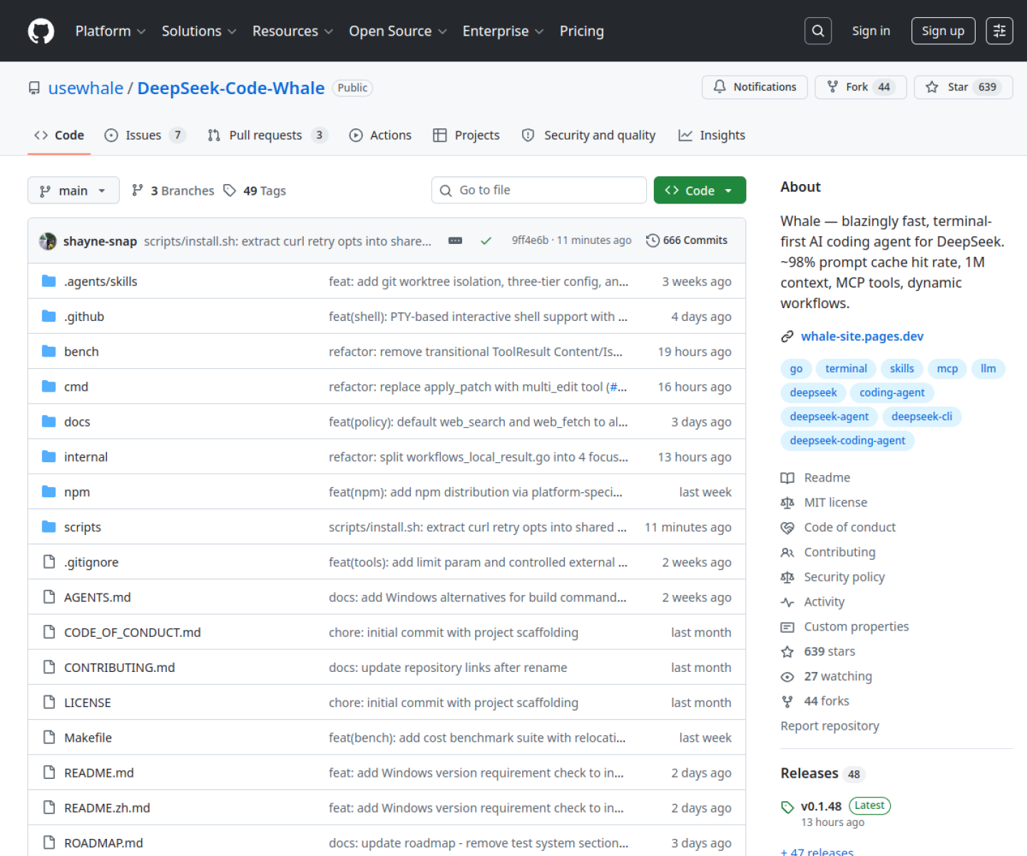 DeepSeek Code Whale GitHub page showing its terminal-first coding-agent project and MCP support.