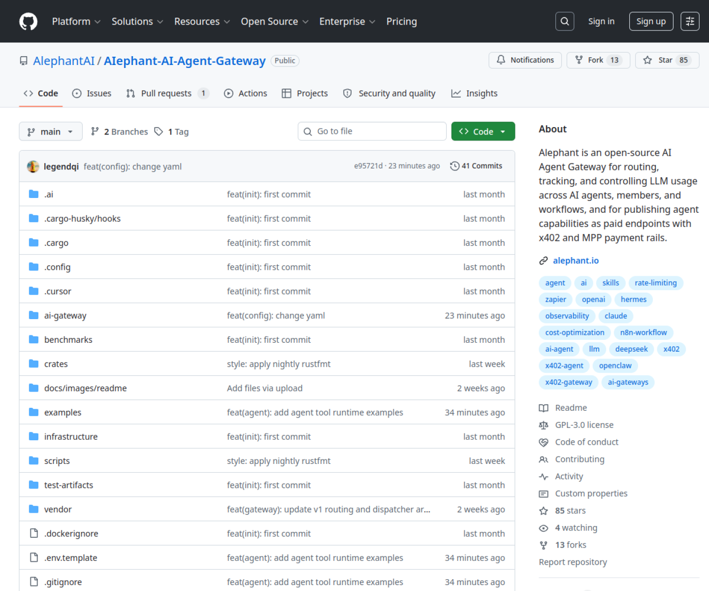 AIephant Agent Gateway GitHub page showing its open-source routing and control layer for AI agents.
