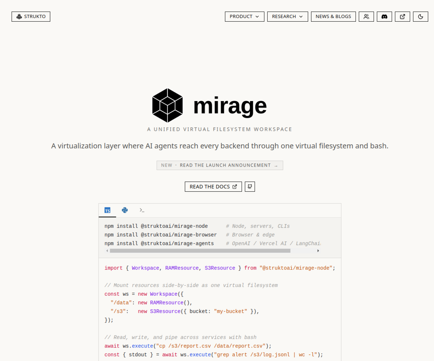 Mirage product page showing its unified virtual filesystem and bash interface for AI agents.