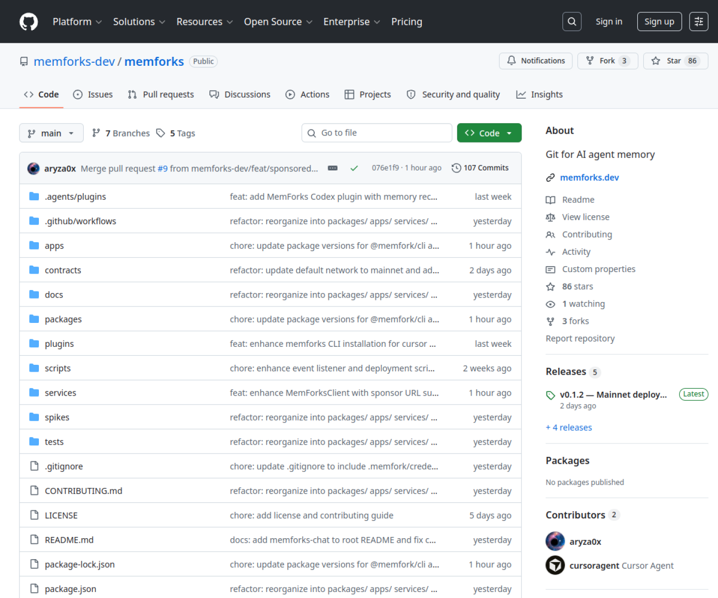 Memforks GitHub page showing its Git-like memory system for AI agents.