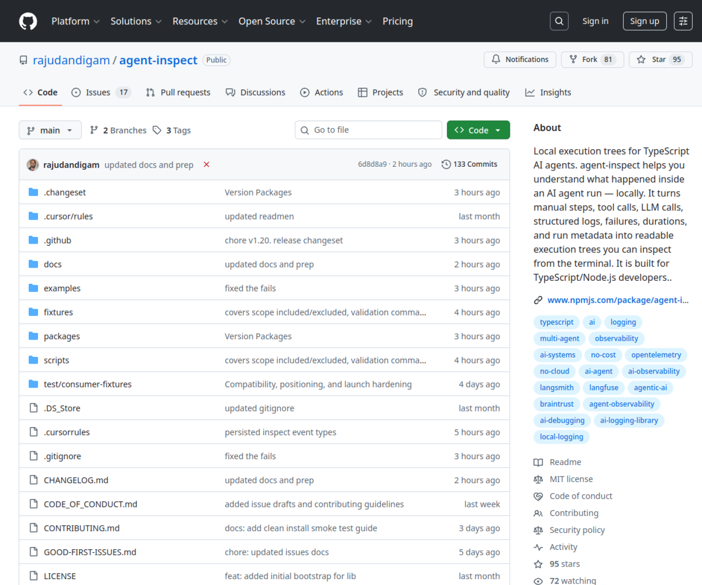 agent-inspect GitHub page showing its local execution-tree debugging tool for TypeScript AI agents.