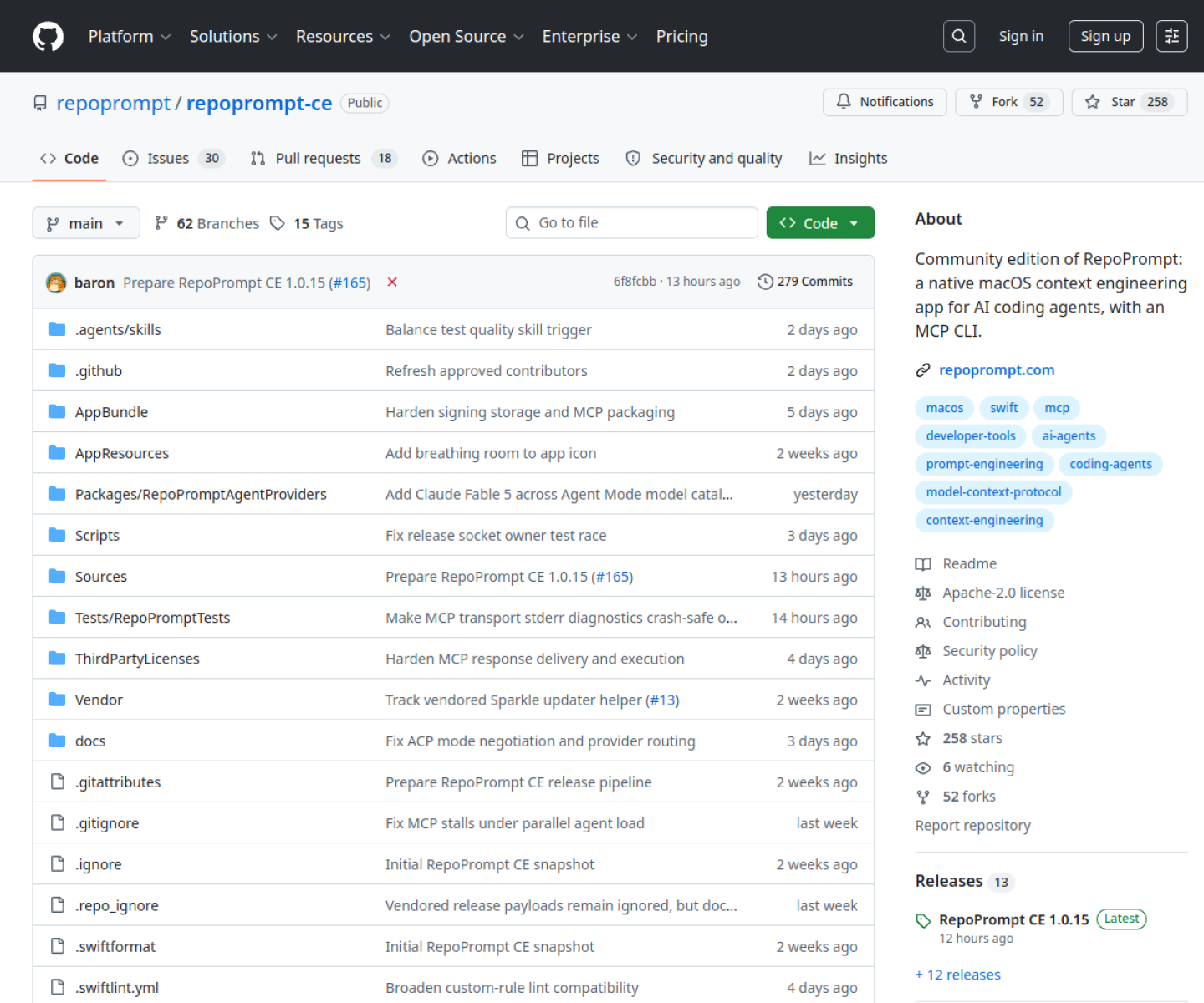 RepoPrompt CE GitHub page showing its community-edition context-engineering app for AI coding agents.