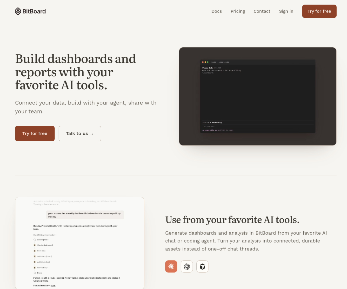 BitBoard homepage showing dashboards built with AI tools and shared reporting workflows.