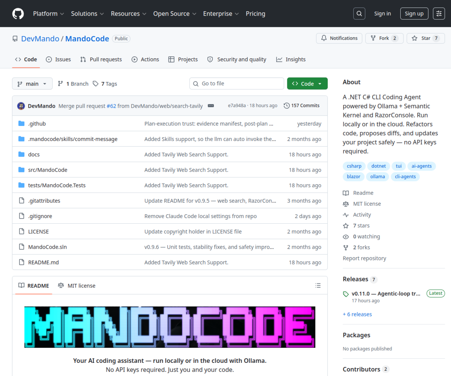 MandoCode GitHub repository showing the local-first .NET coding-agent CLI.