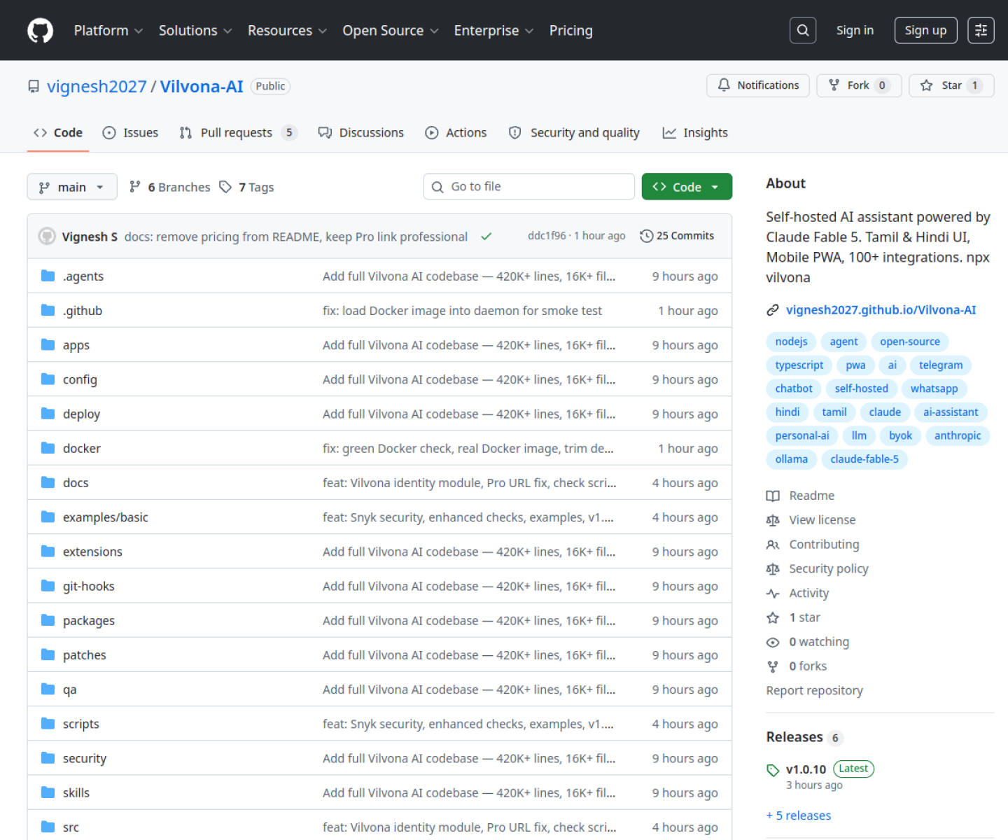 Vilvona AI GitHub repository showing the self-hosted assistant project with Tamil and Hindi UI support.
