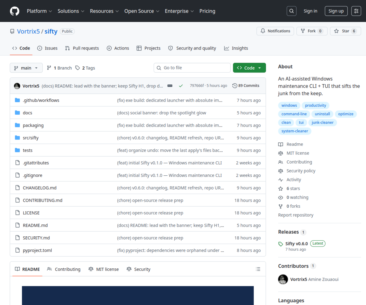 Sifty GitHub repository showing the Windows cleanup CLI and TUI with local-only AI.