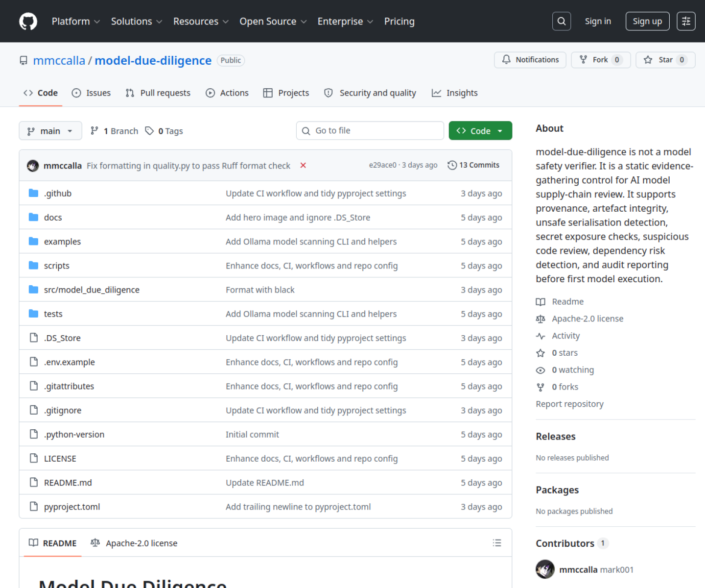 Model Due Diligence GitHub repository showing the CLI for static AI model supply-chain review.